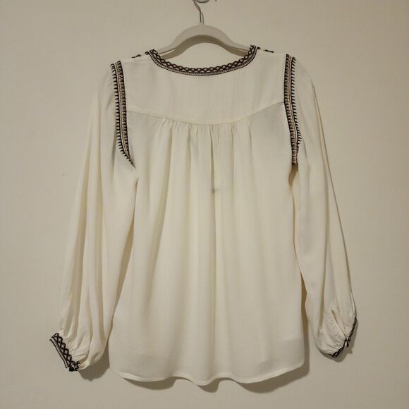 Lucky Brand Womens Embroidered Boho Top XS Ivory Long Sleeve Split Neck 7W44112 - Picture 3 of 10